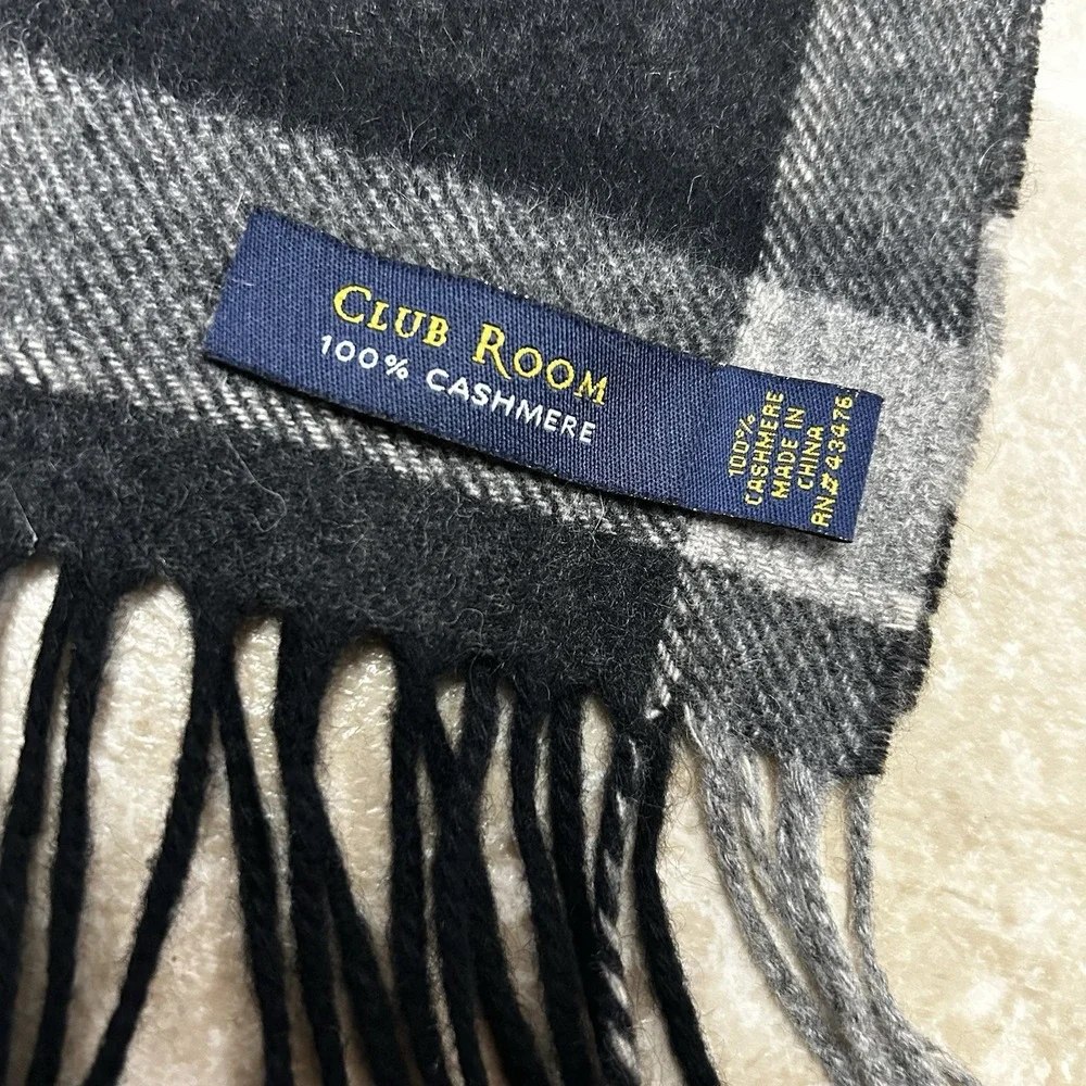 Club Room 100% Cashmere Wool Scarf Fringe Black Grey Plaid NWT Retail $95